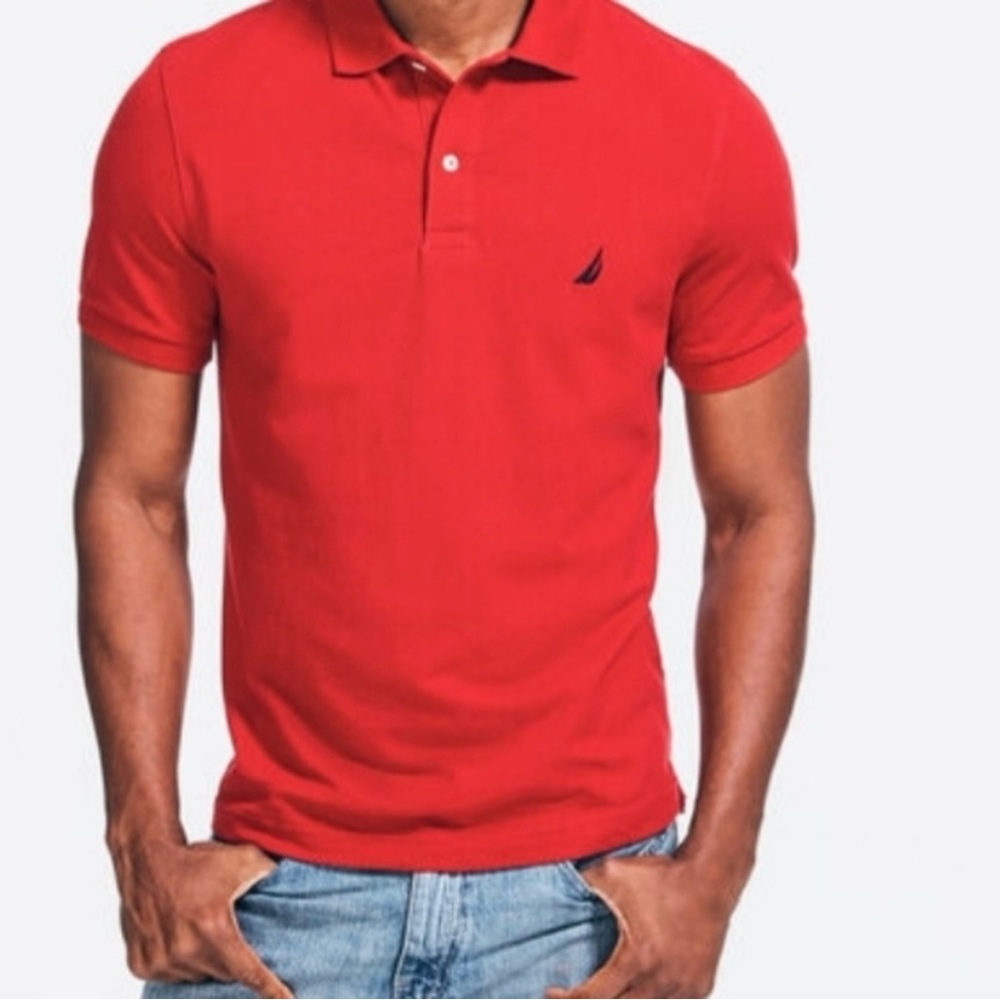 Nautica Men’s Polo A Bit Trimmer Red Navy Trim on Sleeve M